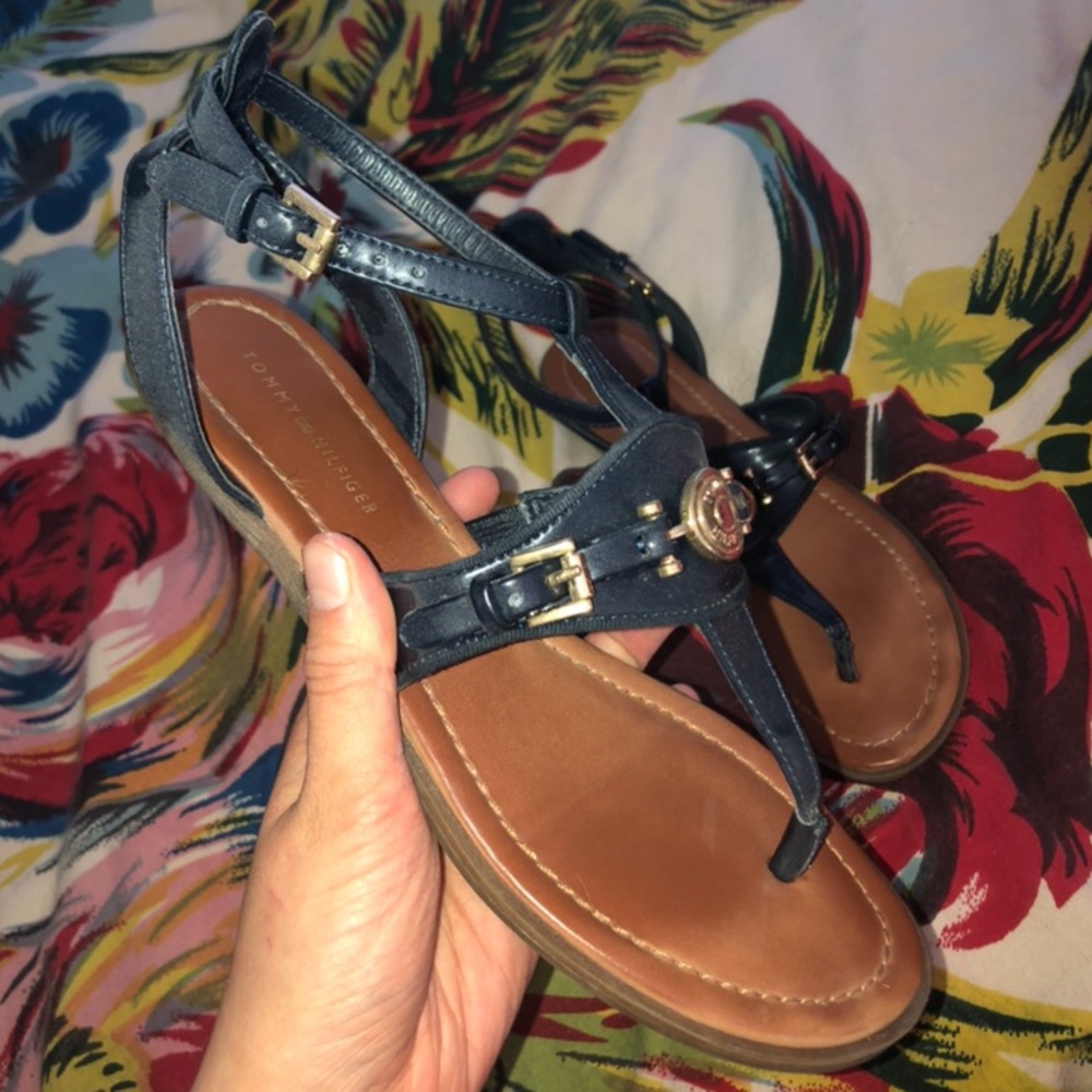 Tommy Hilfiger Navy and Brown T-Strap Leather Sandals